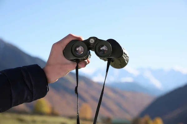 Boy Holding Binoculars Beautiful Mountains Sunny Day Closeup — Fotografia de Stock