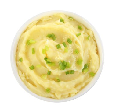 Bowl of tasty mashed potato with green onion isolated on white, top view