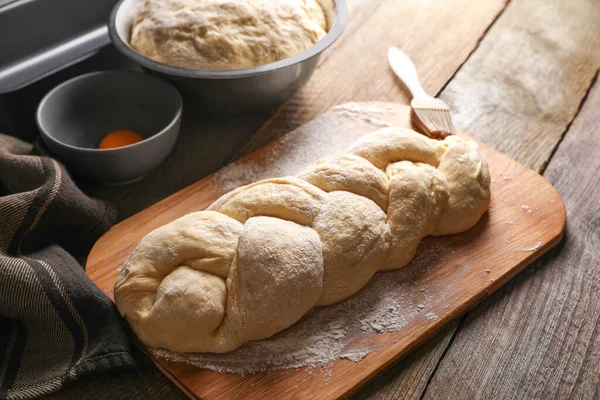 Homemade Braided Bread Ingredients Wooden Table View Cooking Traditional Shabbat — Fotografia de Stock