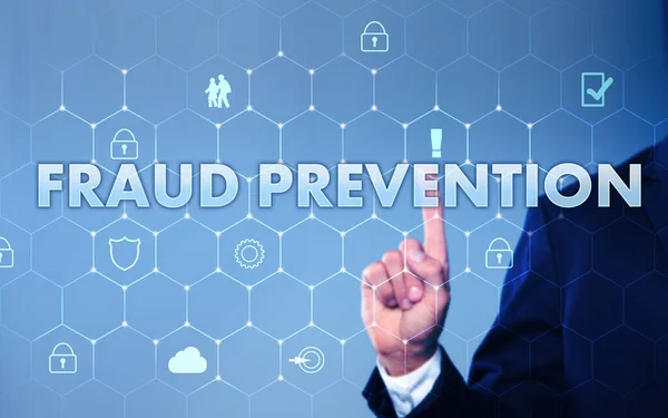 Fraud prevention. Man using digital screen, closeup. Scheme with icons on light blue background