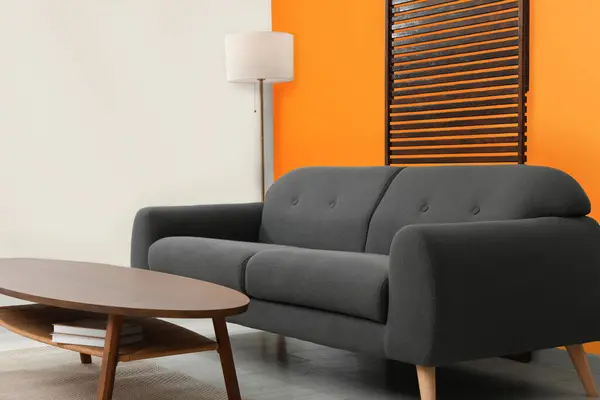 Stylish Room Cosy Sofa Orange Wall Interior Design — Stok fotoğraf