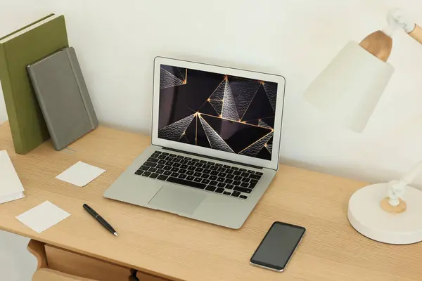 Cozy Workspace Laptop Smartphone Lamp Wooden Desk Home —  Fotos de Stock