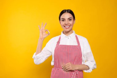 Young woman in red striped apron showing okay gesture on yellow background