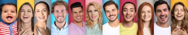 Collage with portraits of happy people on different color backgrounds