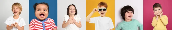 Kolase Dengan Potret Anak Anak Bahagia Dengan Latar Belakang Warna — Stok Foto