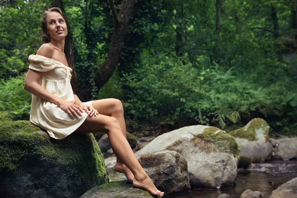 Beautiful Young Woman Sitting Rock Mountain River Forest Space Text — Fotografia de Stock
