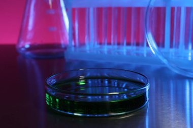 Laboratuvardaki gri masada yeşil sıvı bulunan petri kabı. Metin için boşluk