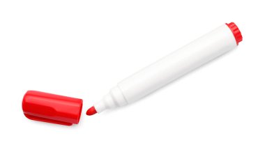 Bright red marker isolated on white, top view. School stationery