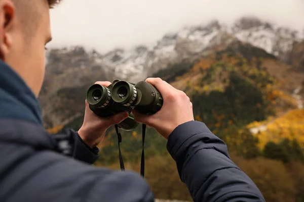 Boy Holding Binoculars Beautiful Mountains Closeup Space Text — Fotografia de Stock