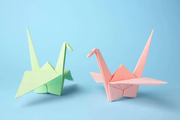 Origami Art Colorful Handmade Paper Cranes Light Blue Background — Stockfoto