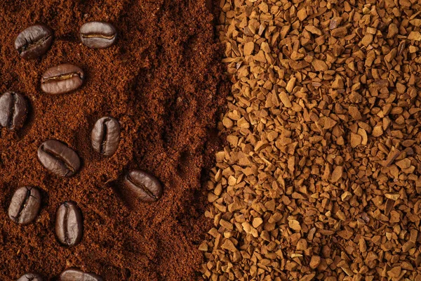 stock image Instant and ground coffee, roasted beans as background, top view