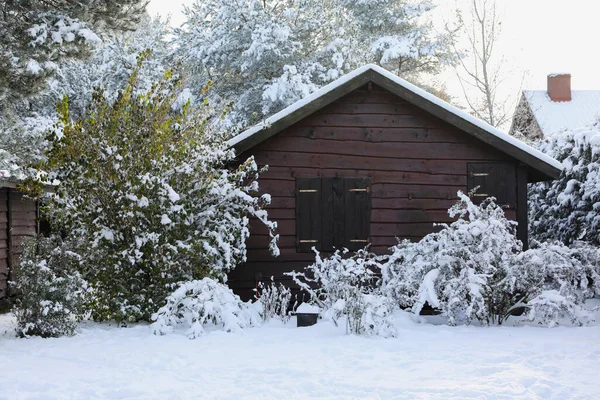 Winter Landscape Beautiful Houses Trees Bushes Morning —  Fotos de Stock