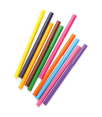 Many bright markers isolated on white, top view