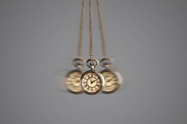 Hypnosis session. Vintage pocket watch with chain swinging on grey background, motion effect clipart
