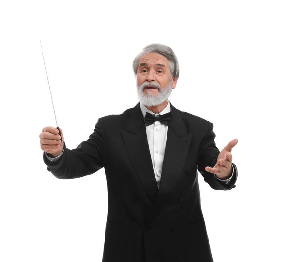 Профессиональный дирижер с дубинкой на белом фоне