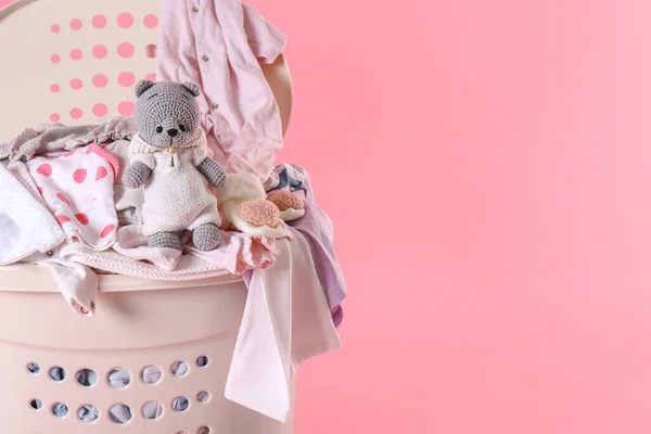 Laundry Basket Baby Clothes Soft Toy Pink Background Closeup Space — 스톡 사진