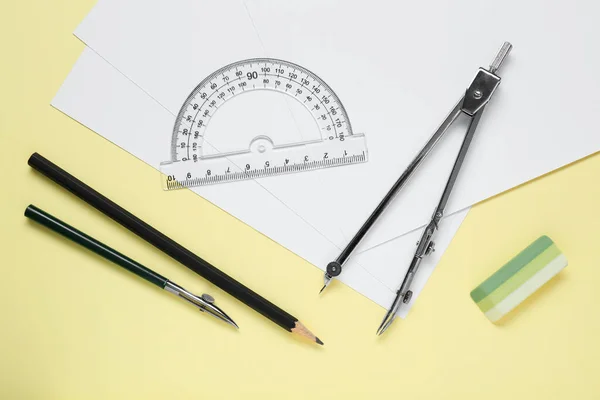 Different Rulers Compass Yellow Background Flat Lay — Stock Fotó
