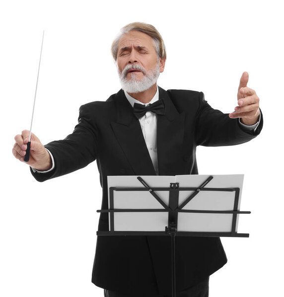 Профессиональный дирижер с дубинкой и подставкой для заметок на белом фоне