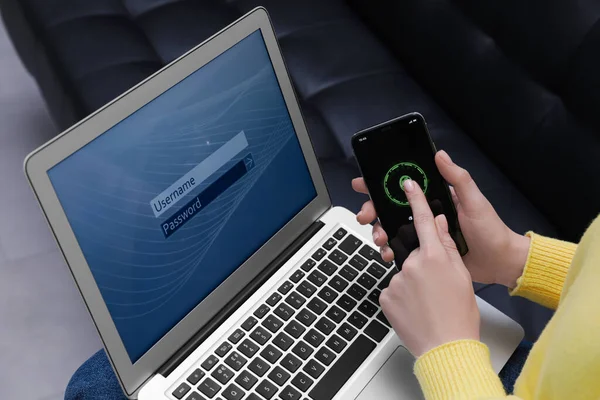 Woman Unlocking Smartphone Fingerprint Scanner Closeup Her Laptop Password Protected — Stock fotografie