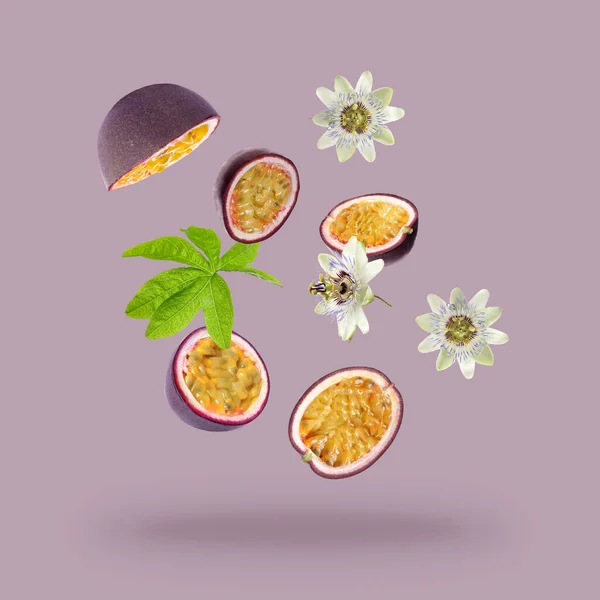Tasty Passion Fruits Passiflora Leaf Flowers Falling Pink Background —  Fotos de Stock