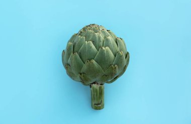 Whole fresh raw artichoke on light blue background, top view
