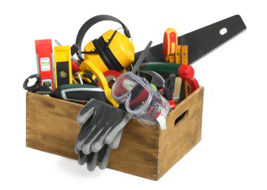 Wooden box with different tools isolated on white