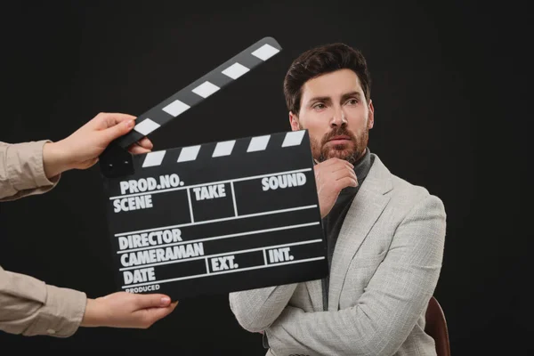 Actor Performing While Second Assistant Camera Holding Clapperboard Black Background — Stock Photo, Image