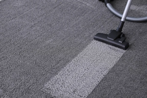 Modern vacuum cleaner on carpet. Space for text