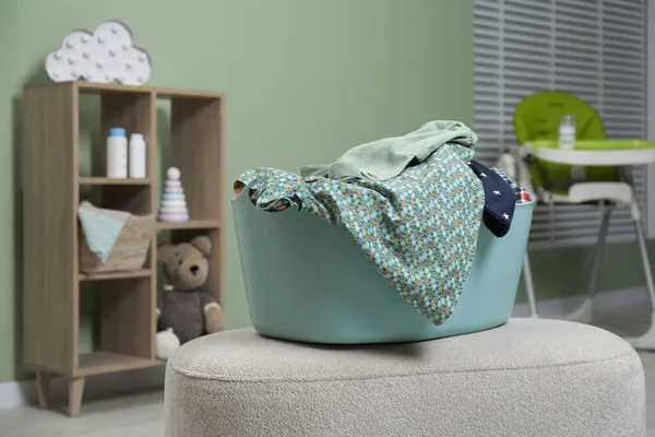 Laundry Basket Baby Clothes Light Ottoman Child Room Space Text — 스톡 사진