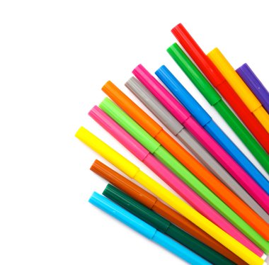 Many bright markers isolated on white, top view