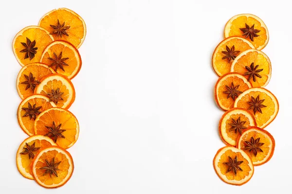 Flat Lay Composition Dry Orange Slices Anise Stars White Background — Fotografia de Stock