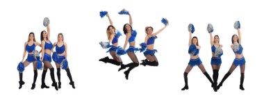 Collage with photos of beautiful happy cheerleaders with pom poms in uniform on white background