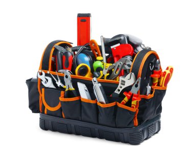 Bag with different tools isolated on white