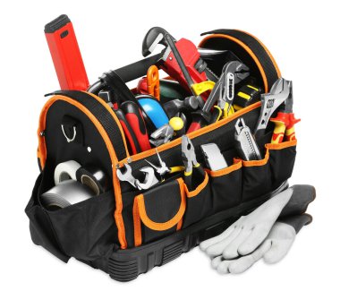 Bag with different tools isolated on white