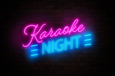 Glowing neon sign with words Karaoke Night on brick wall