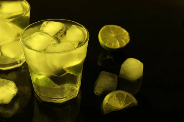 Shot Glasses Vodka Ice Cubes Lime Slices Dark Background — Stockfoto