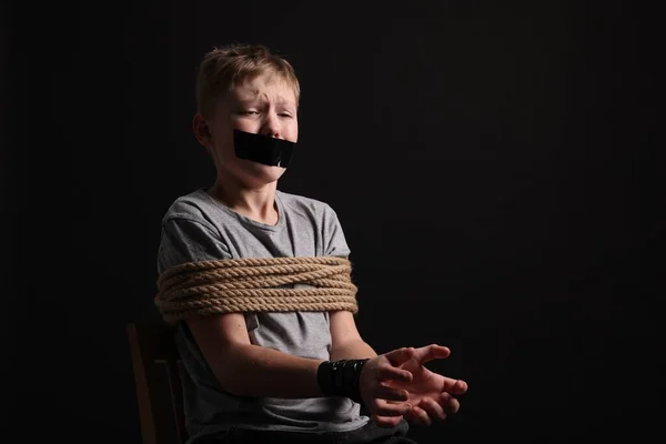 Little Boy Taped Mouth Tied Taken Hostage Dark Background Space — Foto de Stock