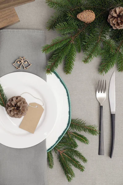 Festive Place Setting Beautiful Dishware Cutlery Cone Christmas Dinner Grey — Fotografia de Stock