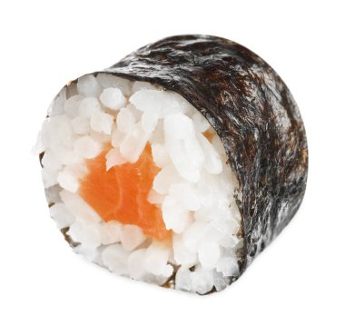 Delicious fresh sushi roll with salmon isolated on white