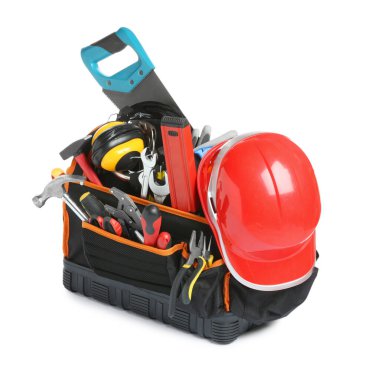 Bag with different tools isolated on white