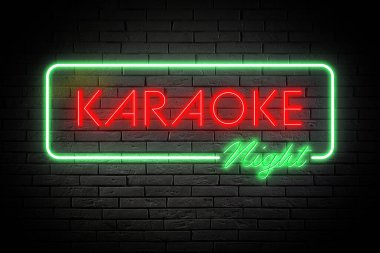 Glowing neon sign with words Karaoke Night on brick wall