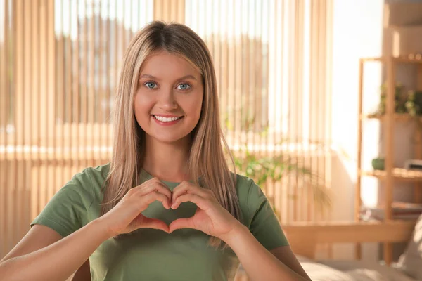 Happy Volunteer Making Heart Her Hands Room Space Text — Stockfoto