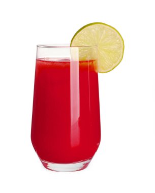 Tasty watermelon drink and slice of lime in glass isolated on white