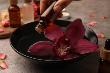 Woman dripping essential oil into bowl with flower at grey table, closeup. Aromatherapy treatment