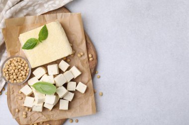 Delicious tofu cheese, basil and soybeans on light gray table, flat lay. Space for text