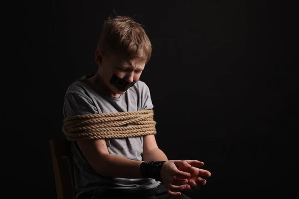 Little Boy Taped Mouth Tied Taken Hostage Dark Background Space — Foto de Stock