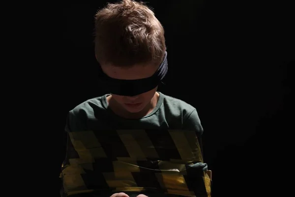 Blindfolded Little Boy Tied Taken Hostage Dark Background — Foto de Stock