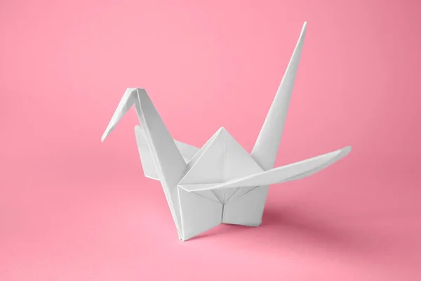 Origami Art Handmade Paper Crane Pink Background Closeup — Stockfoto