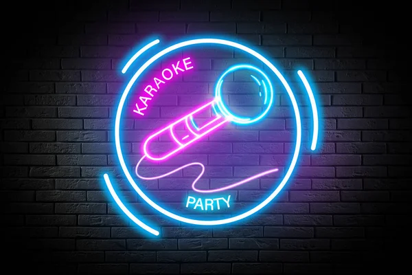 Glowing neon sign with microphone and words Karaoke Party on brick wall