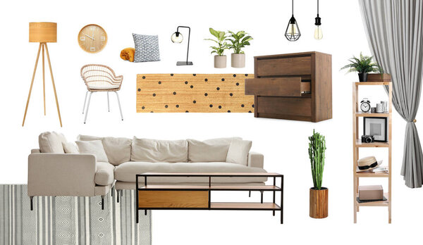 Стильный дизайн интерьера. Различные декоративные элементы и мебель на белом фоне. Коллаж на доске настроения